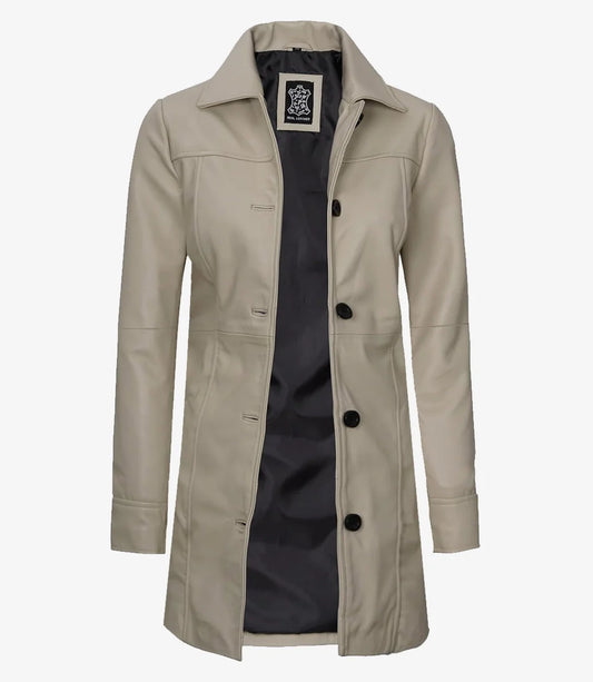 Women's Real Lambskin Leather 3/4 Length Beige Coat