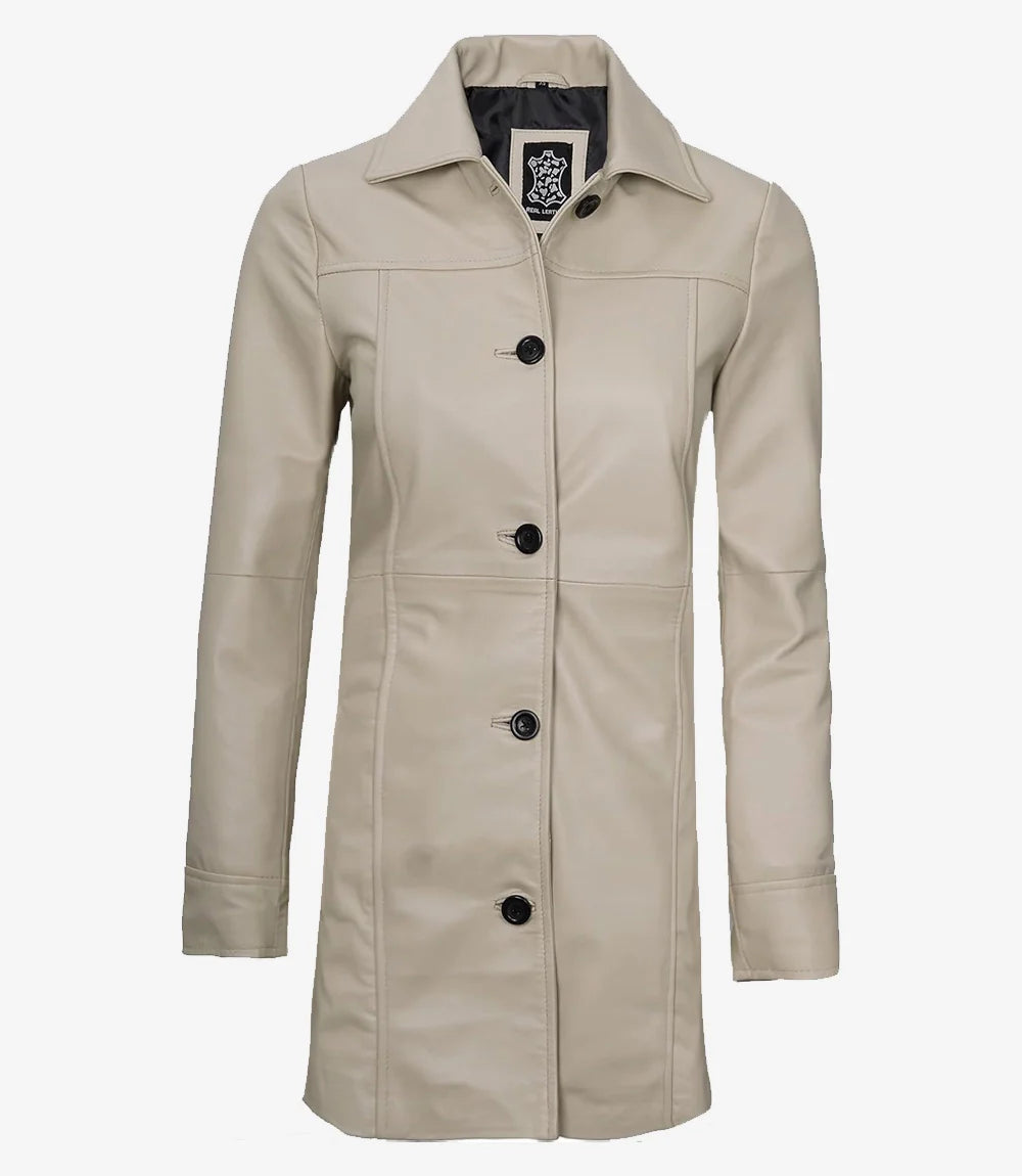 Women's Real Lambskin Leather 3/4 Length Beige Coat