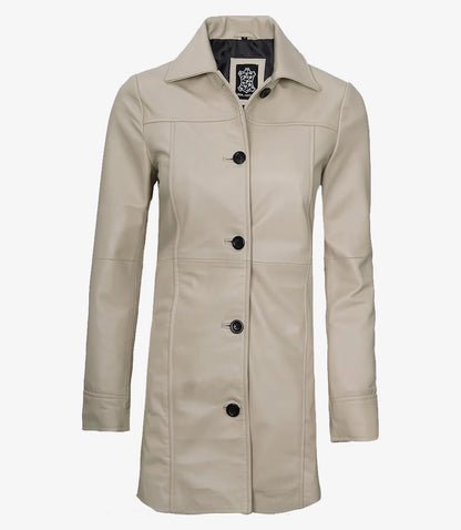 Women's Real Lambskin Leather 3/4 Length Beige Coat