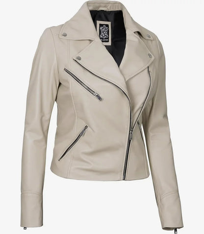 Women's Real Lambskin Leather Beige Biker Style Jacket