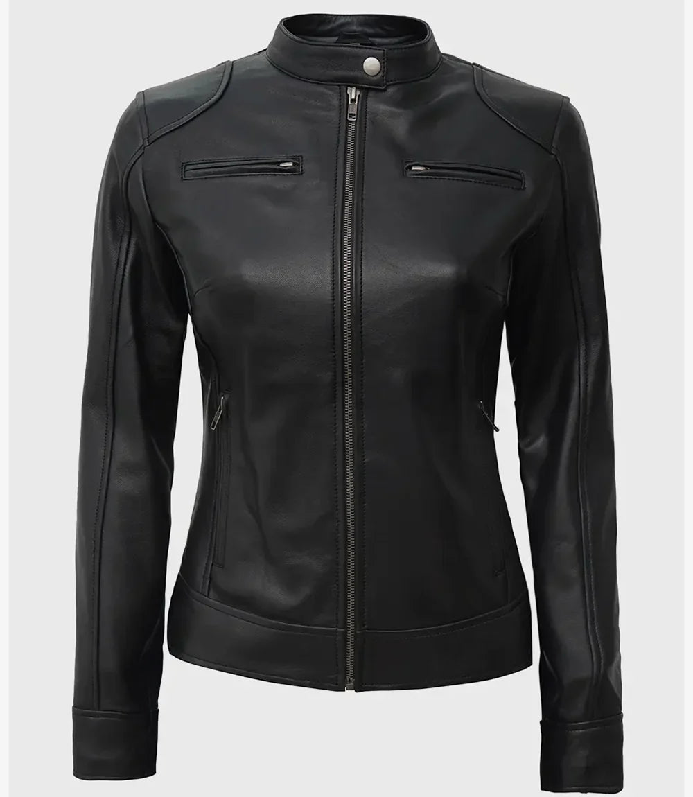 Womens Tall Black Biker Style Leather Jacket