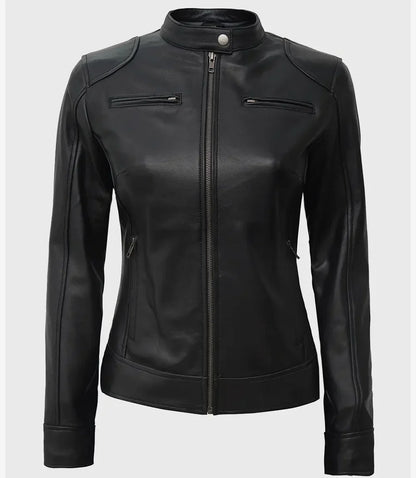 Womens Tall Black Biker Style Leather Jacket