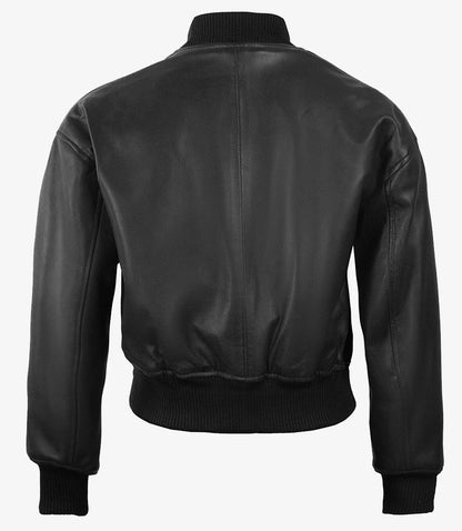 Womens Drop Shoulder Black Bomber Leather Jacket - Cropped Style