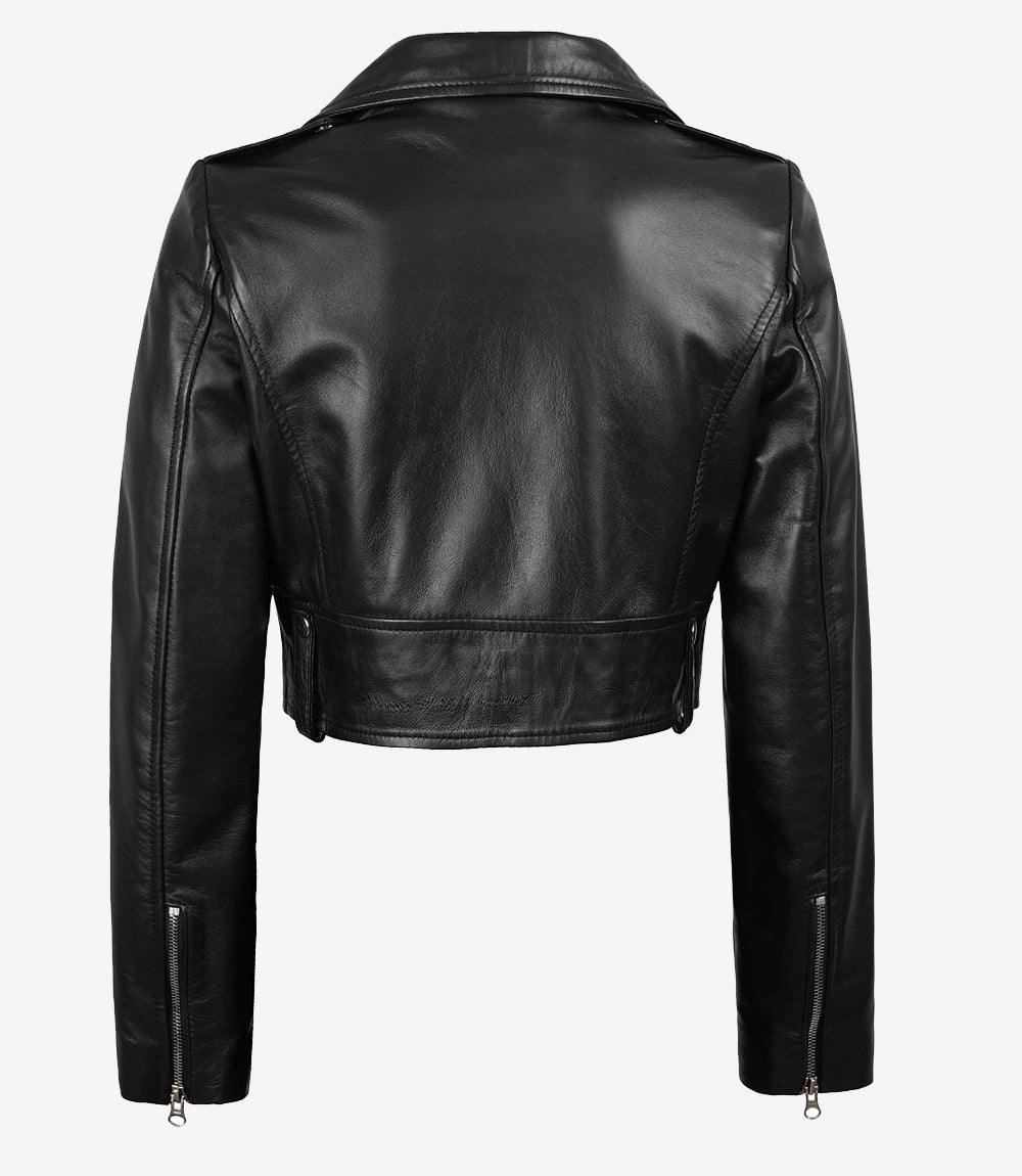 Black Asymmetrical Cropped Leather Jacket for Women