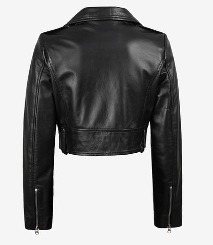 Black Asymmetrical Cropped Leather Jacket for Women