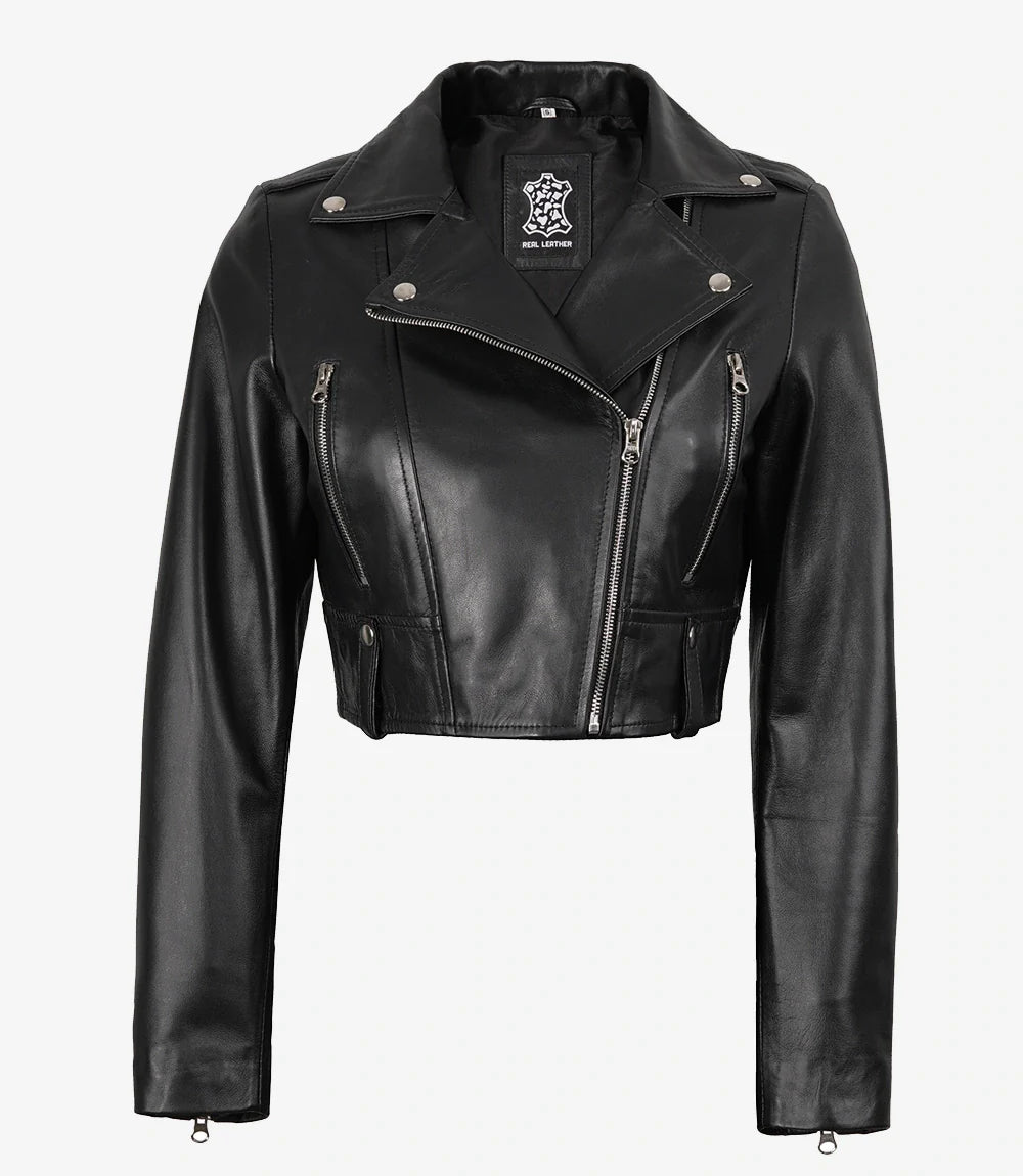 Black Asymmetrical Cropped Leather Jacket for Women