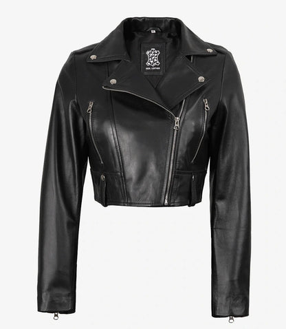 Black Asymmetrical Cropped Leather Jacket for Women