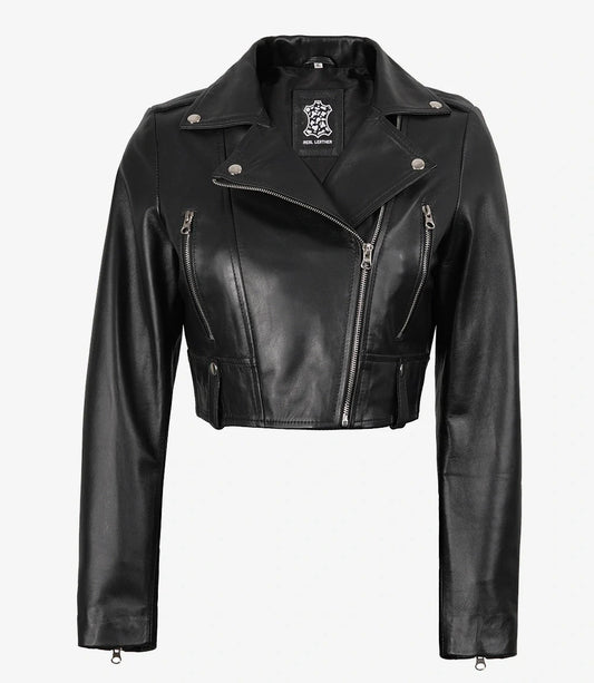 Black Asymmetrical Cropped Leather Jacket for Women