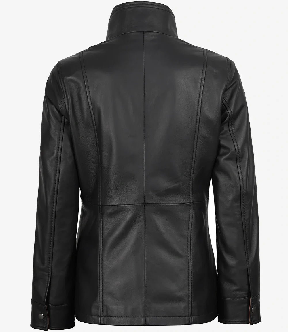 Womens High-Collar Black Leather Jacket With Brown Details