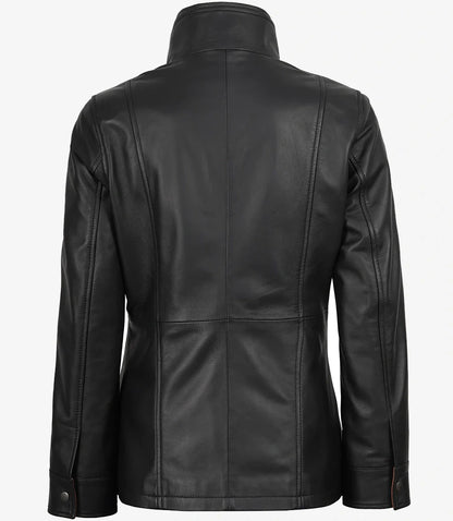 Womens High-Collar Black Leather Jacket With Brown Details