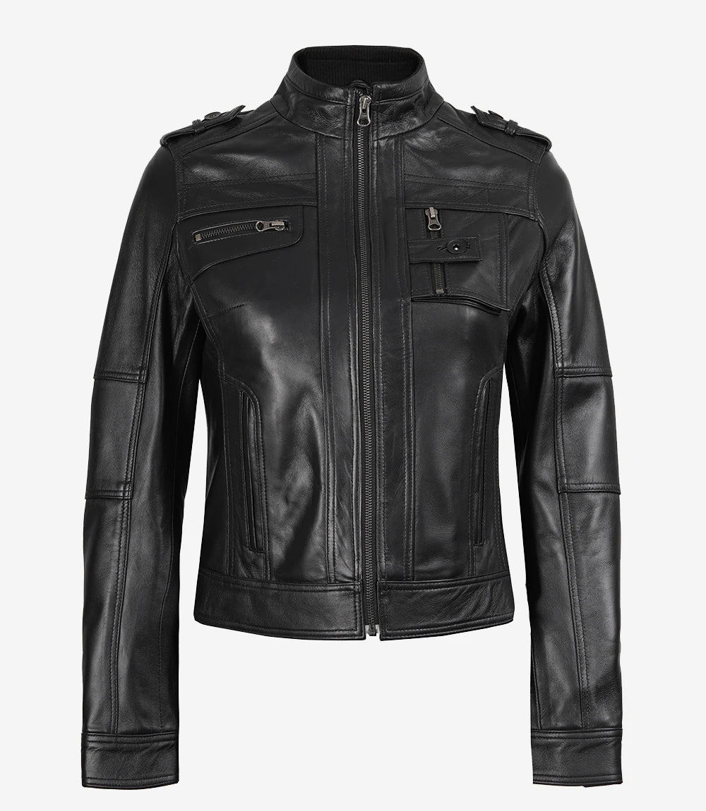 Womens Black Leather Moto Jacket - Classic Biker Style