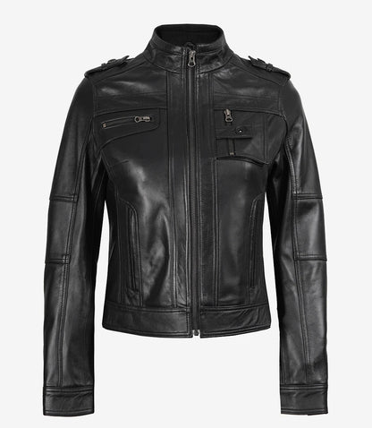 Womens Black Leather Moto Jacket - Classic Biker Style