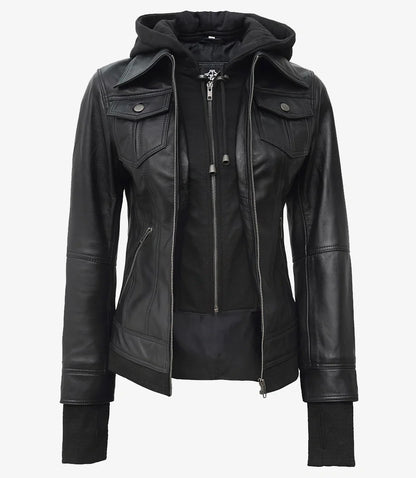 Womens Petite Black Bomber Leather Jacket With Removable Hood