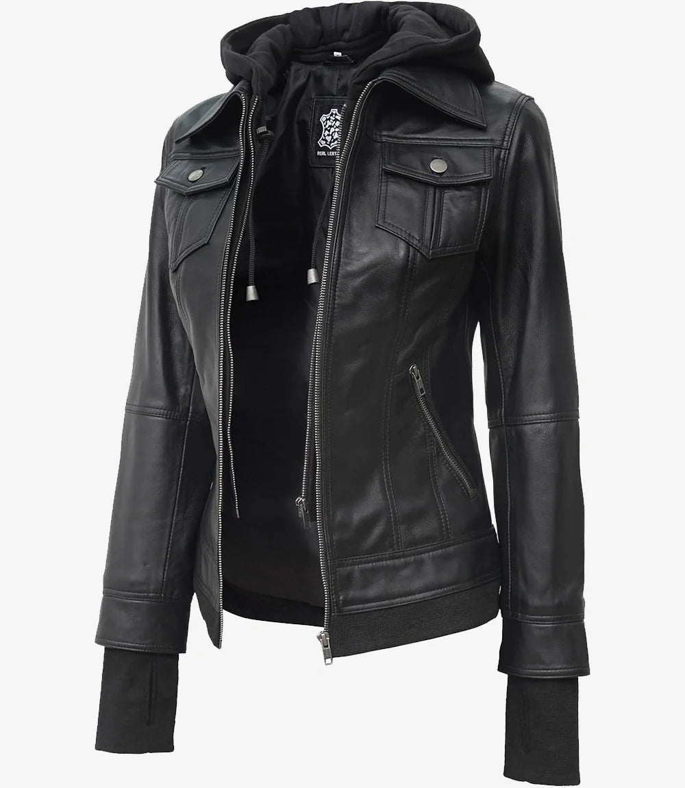 Womens Petite Black Bomber Leather Jacket With Removable Hood