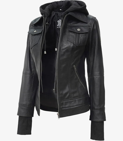 Womens Petite Black Bomber Leather Jacket With Removable Hood