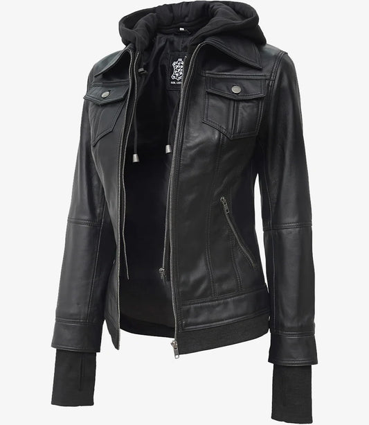 The Celeste: Womens Tall Black Bomber Leather Jacket With Removable Hood