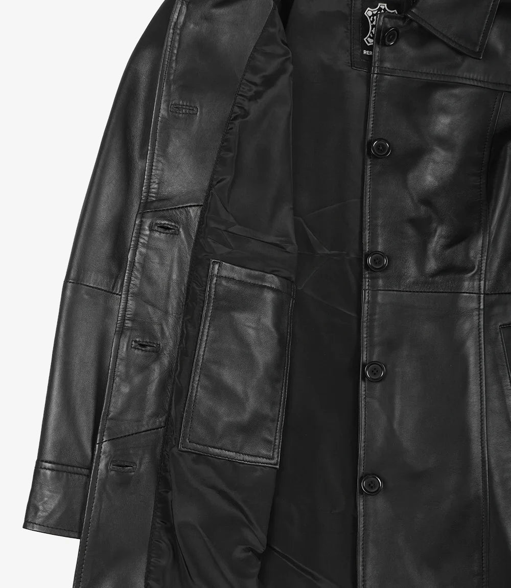 Womens Black 3/4 Length Button Down Leather Coat