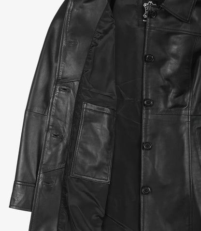 Womens Black 3/4 Length Button Down Leather Coat