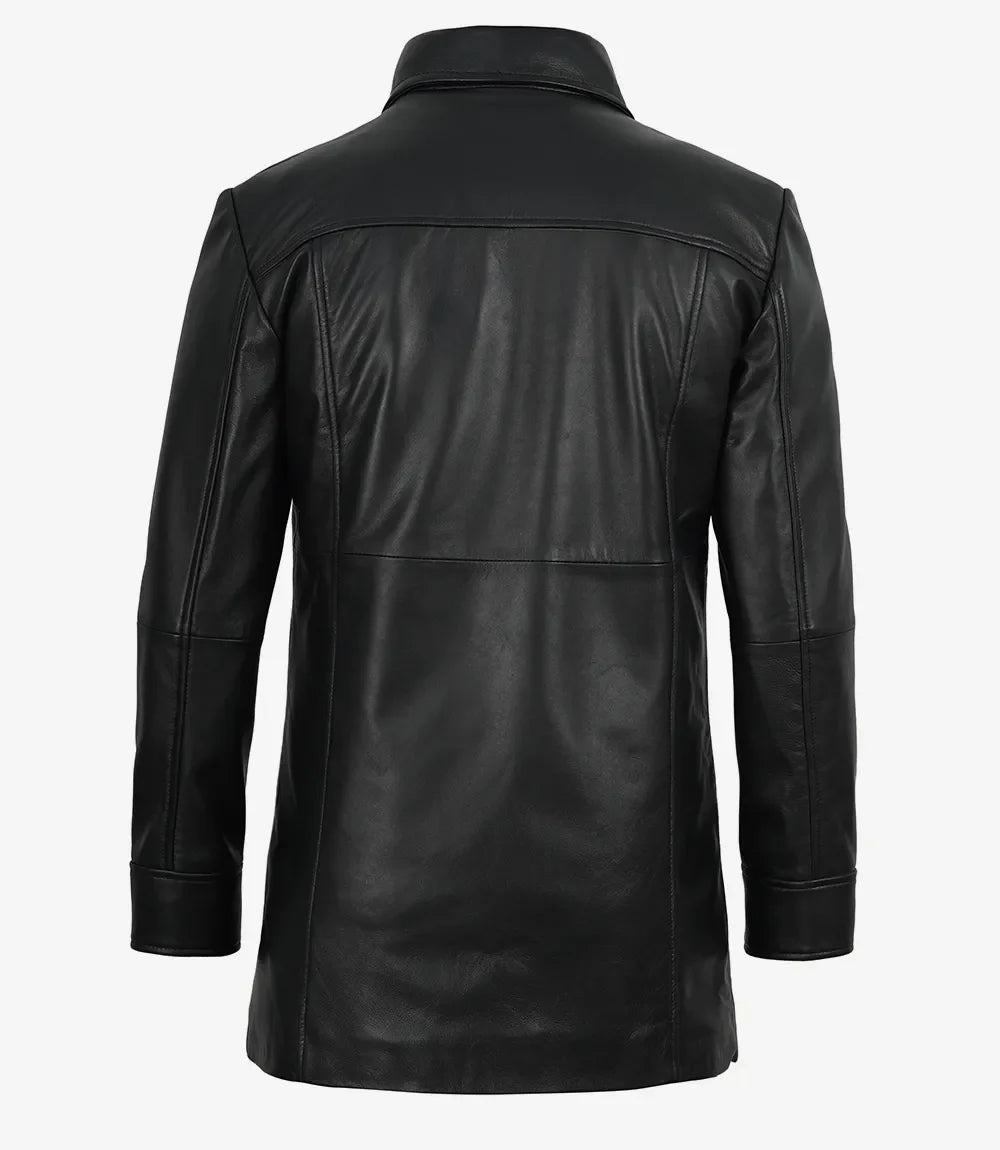 Men's Black 3/4 Length Button Down Leather Coat