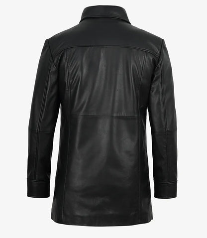 Men's Black 3/4 Length Button Down Leather Coat