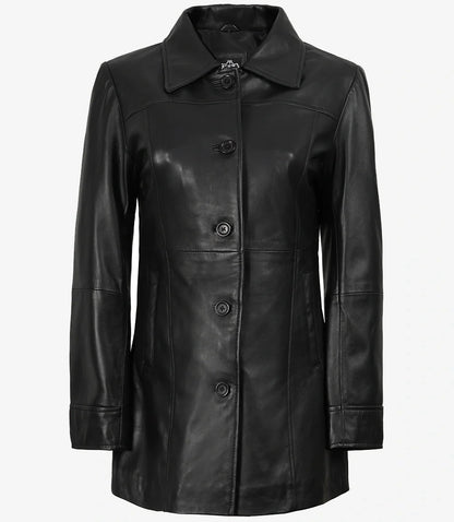 Womens Black 3/4 Length Button Down Leather Coat