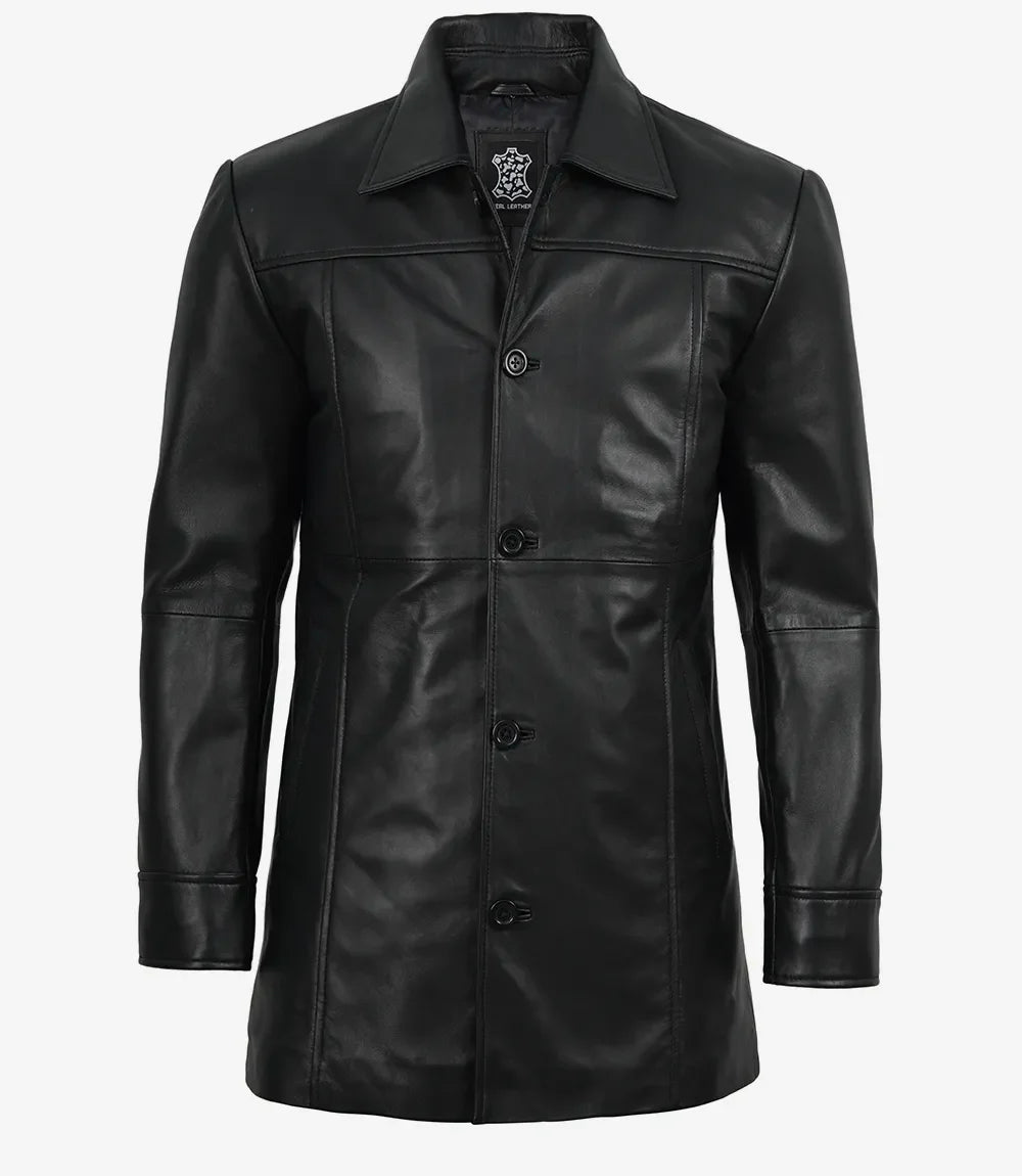 Men's Black 3/4 Length Button Down Leather Coat