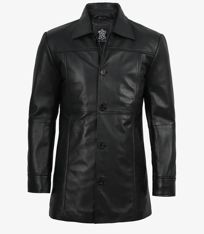 Men's Black 3/4 Length Button Down Leather Coat