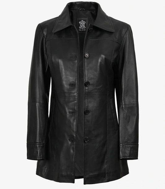 Womens Black 3/4 Length Button Down Leather Coat