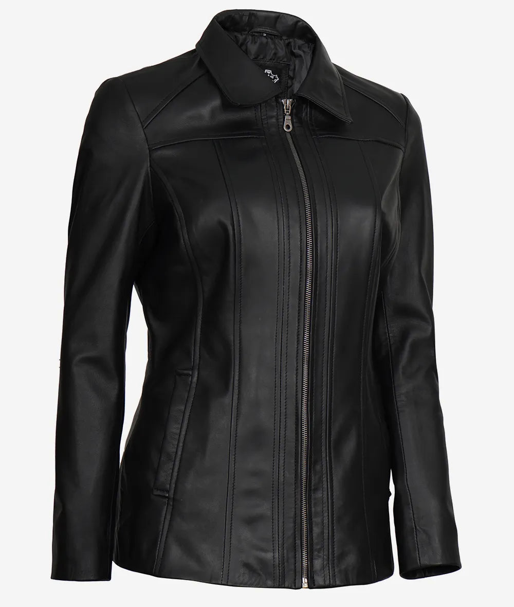 Marsha Womens Black Leather Car Coat