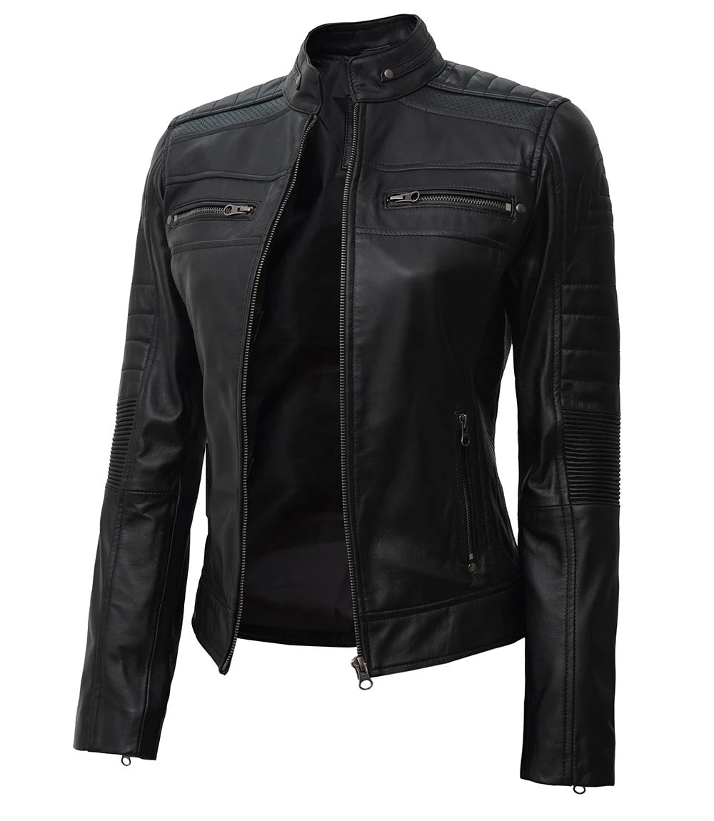 Women's Black Cafe Racer Leather Jacket Max Jackets