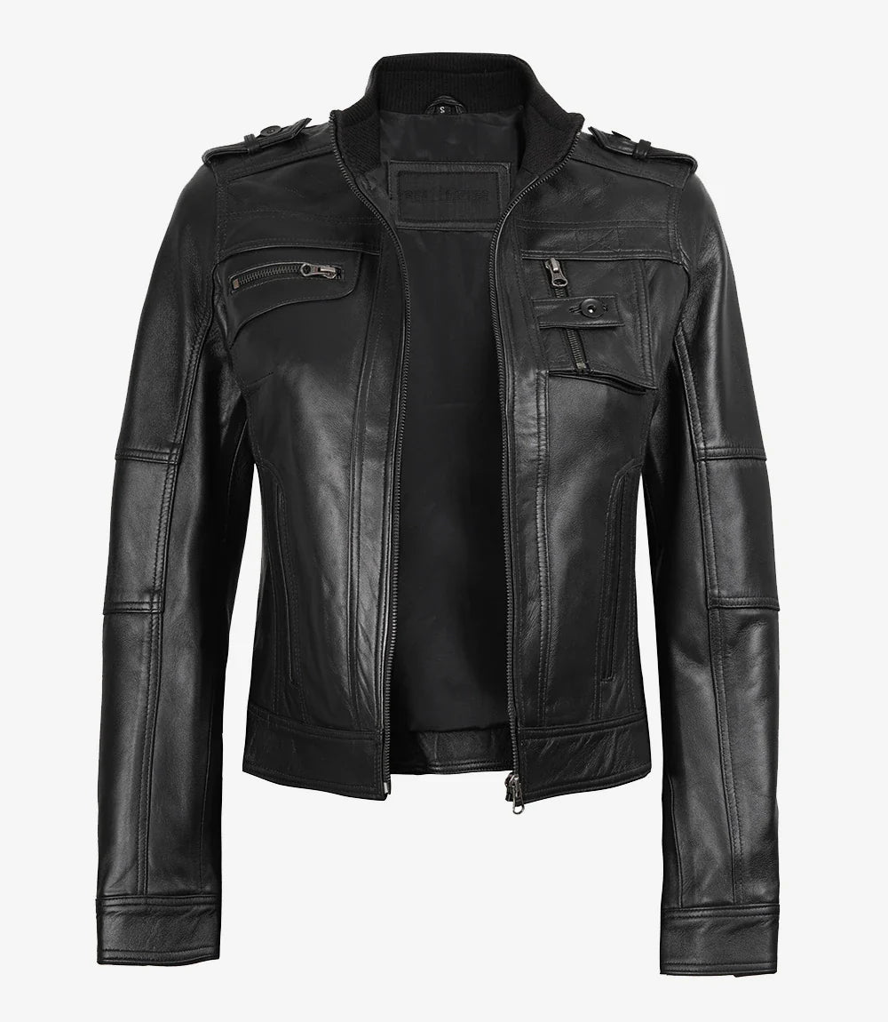 Womens Black Leather Moto Jacket - Classic Biker Style