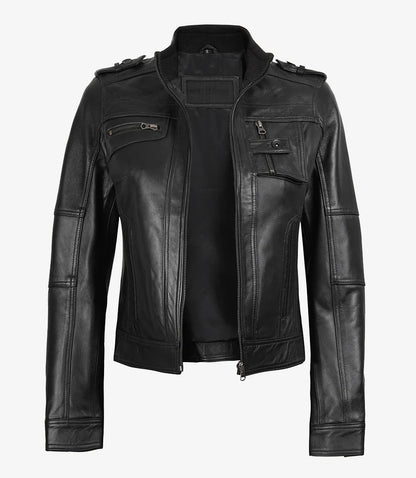 Womens Black Leather Moto Jacket - Classic Biker Style