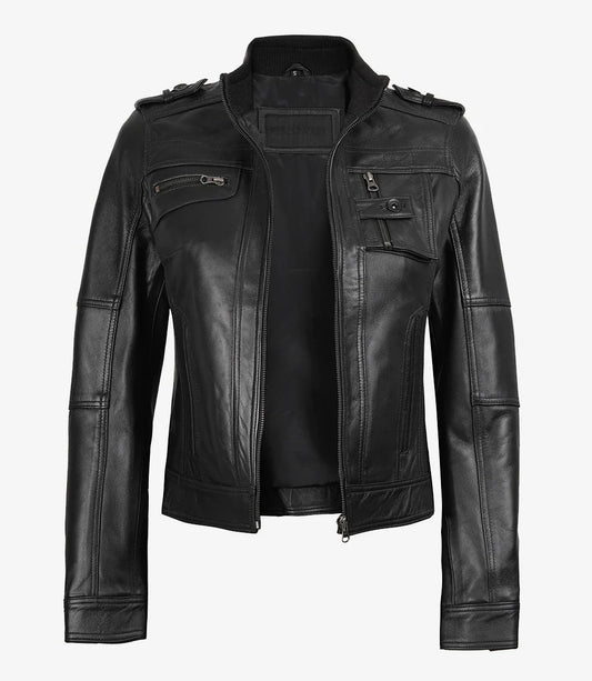 Womens Black Leather Moto Jacket - Classic Biker Style
