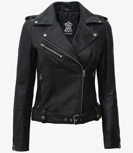 Margaret Womens Asymmetrical Black Biker Leather Jacket With Belt