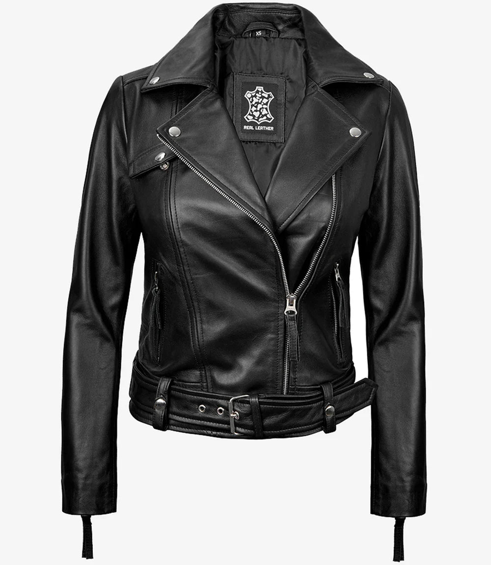 Women's Black Asymmetrical Leather Biker Style Jacket