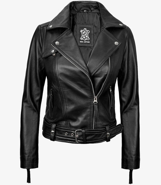 Women's Black Asymmetrical Leather Biker Style Jacket