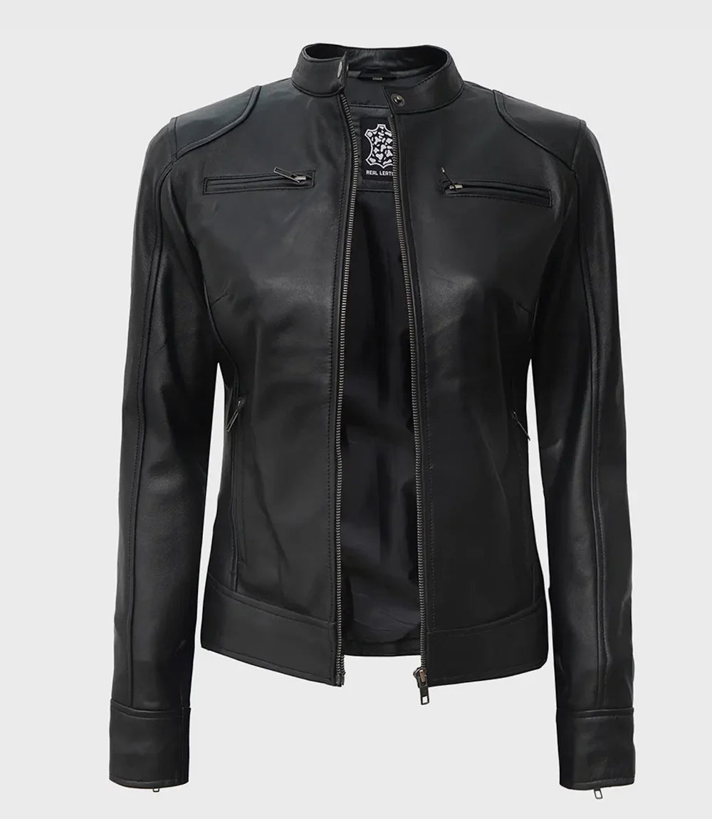 Womens Tall Black Biker Style Leather Jacket