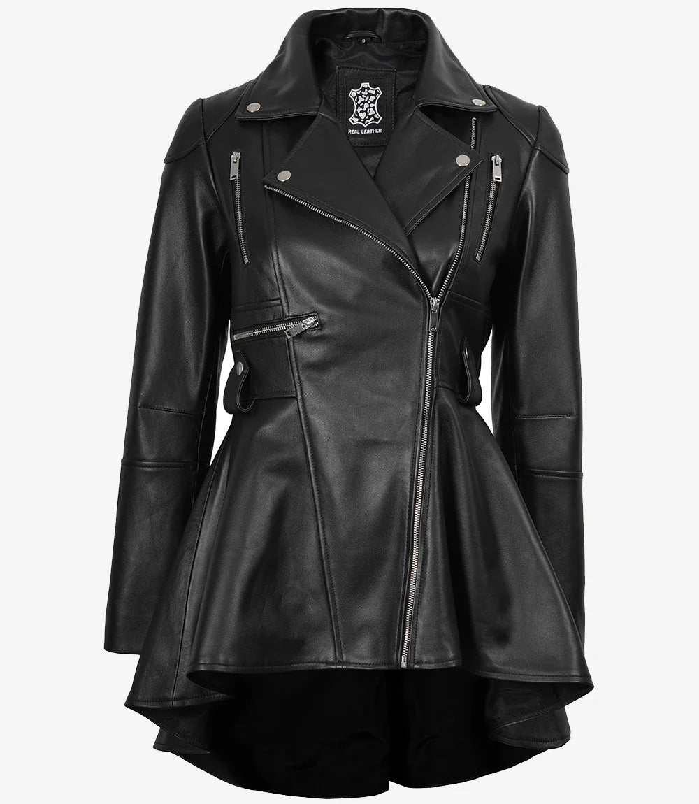 Women's Asymmetrical Black Peplum Leather Jacket