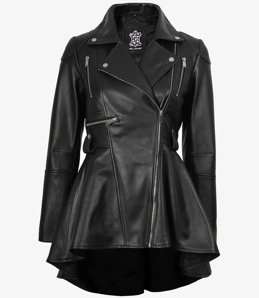 Women's Asymmetrical Black Peplum Leather Jacket
