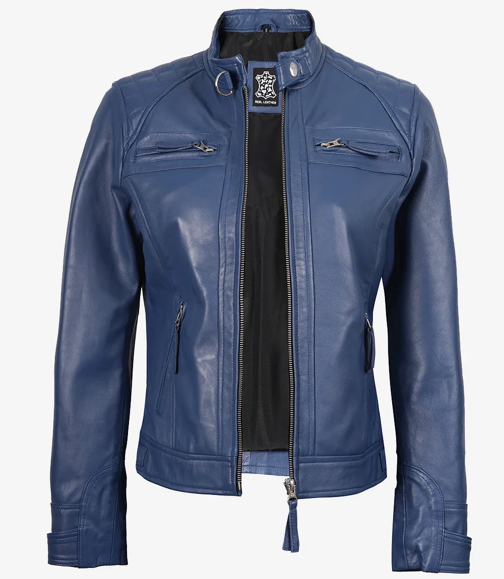 Women's Real Lambskin Leather Blue Quilted Biker Style Jacket