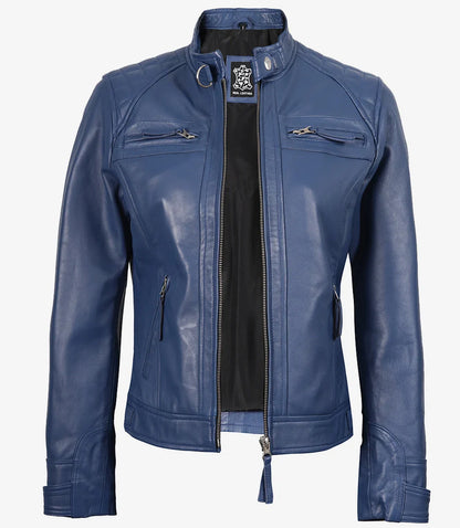 Women's Real Lambskin Leather Blue Quilted Biker Style Jacket
