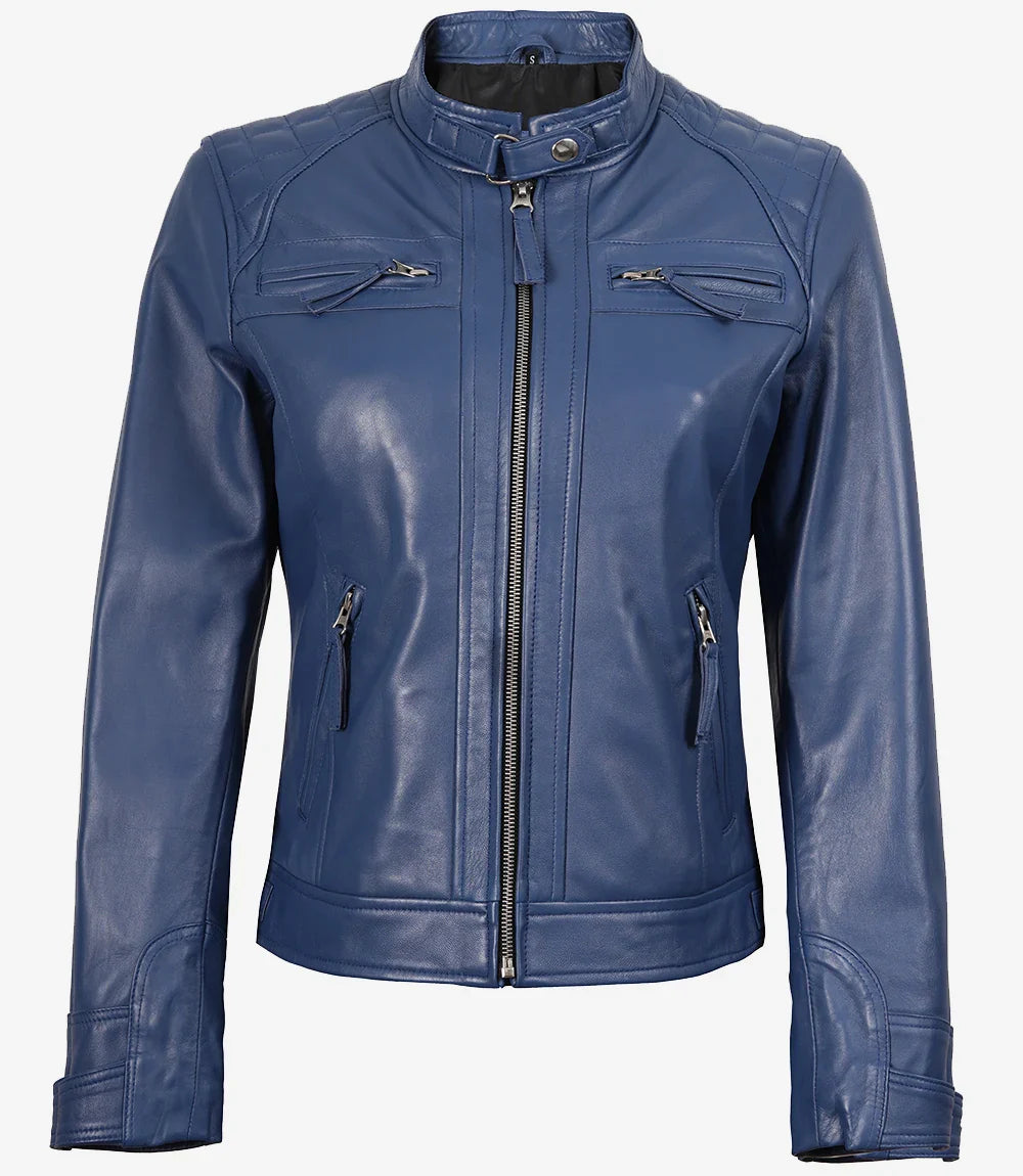 Women's Real Lambskin Leather Blue Quilted Biker Style Jacket