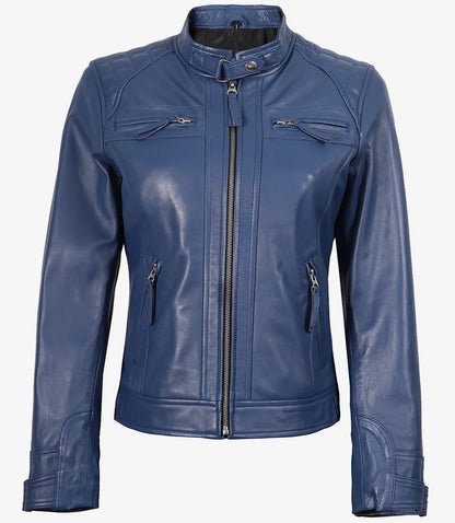 Women's Real Lambskin Leather Blue Quilted Biker Style Jacket