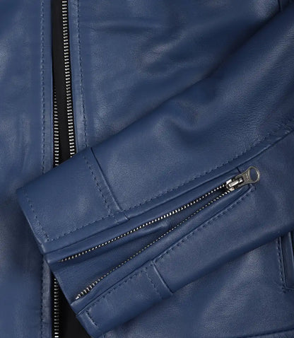 Women's Blue Biker Style Leather Jacket - Modern Fit