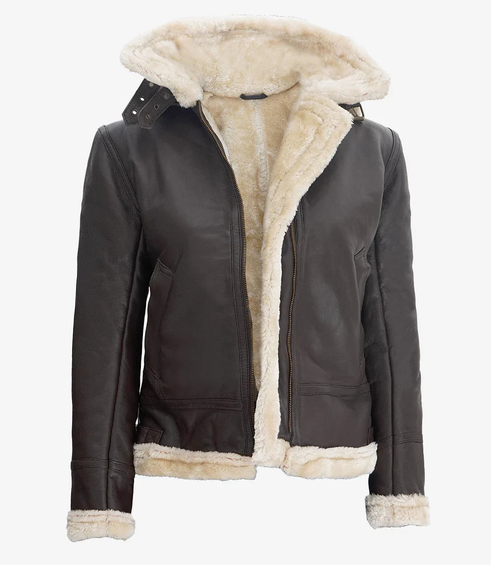 Womens Dark Brown Hooded Shearling Leather Jacket