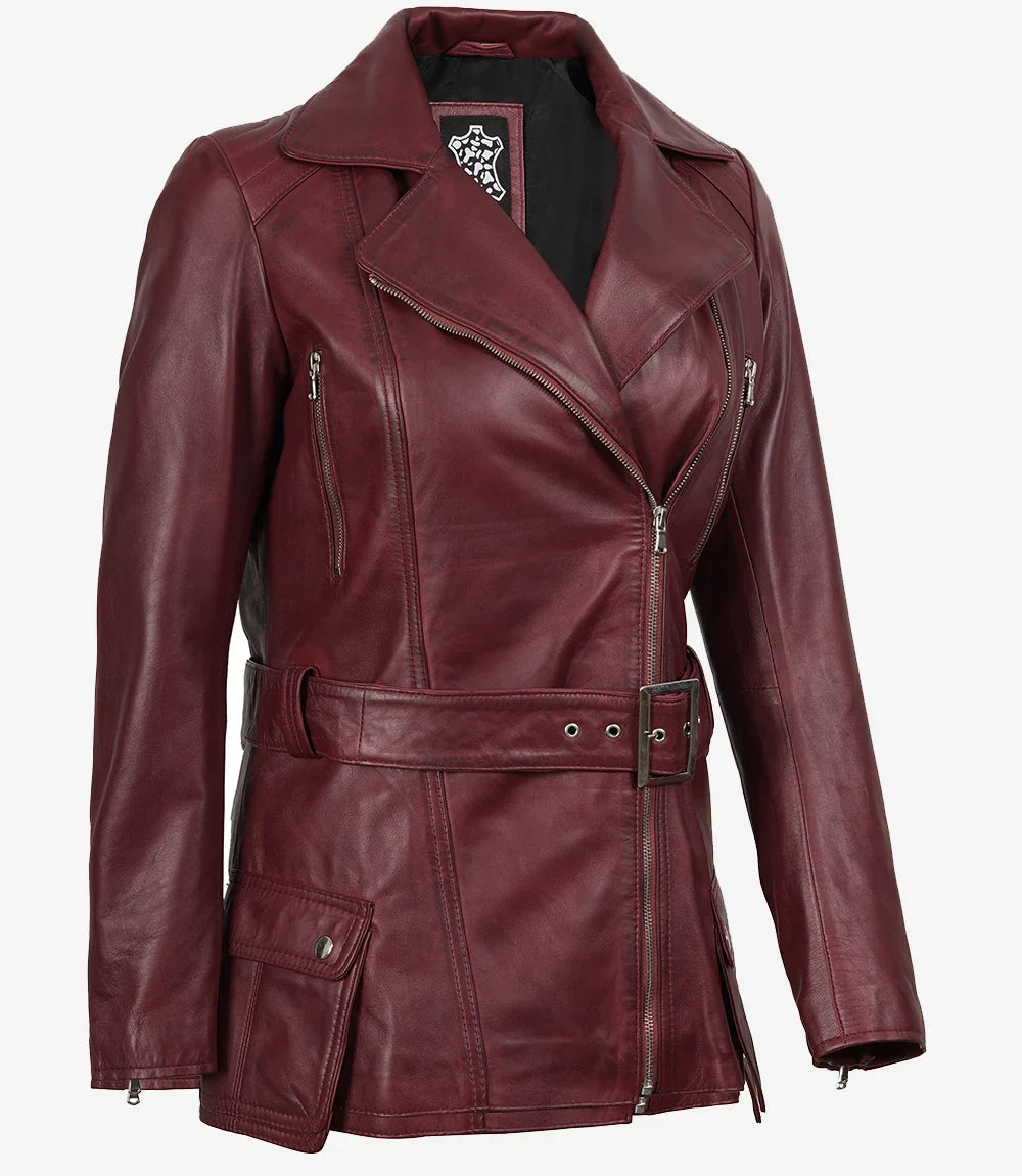 Women's Asymmetrical Maroon Belted Biker Style Leather Jacket