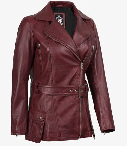Women's Asymmetrical Maroon Belted Biker Style Leather Jacket