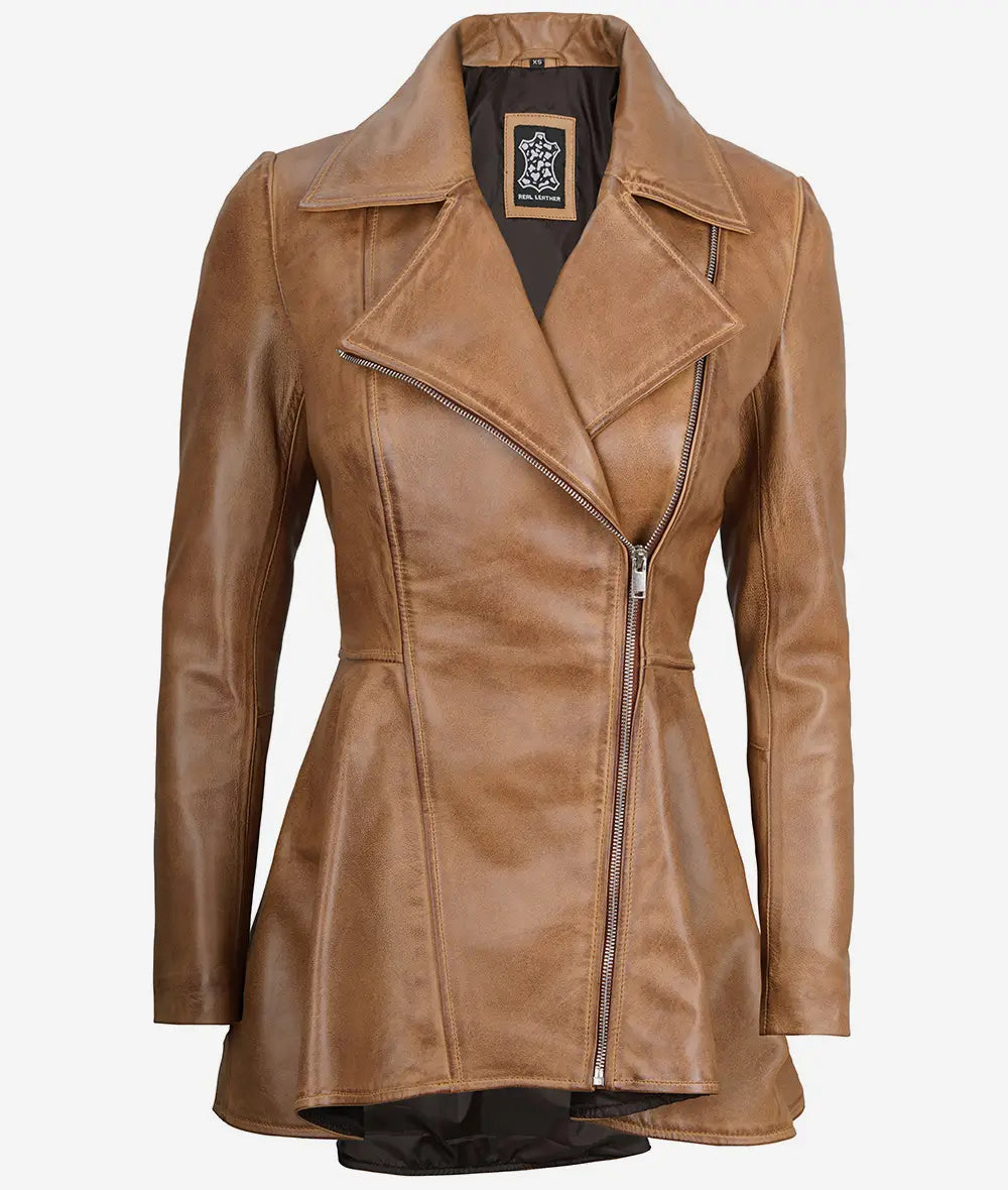 Womens Camel Brown Peplum Leather Jacket Max Jackets