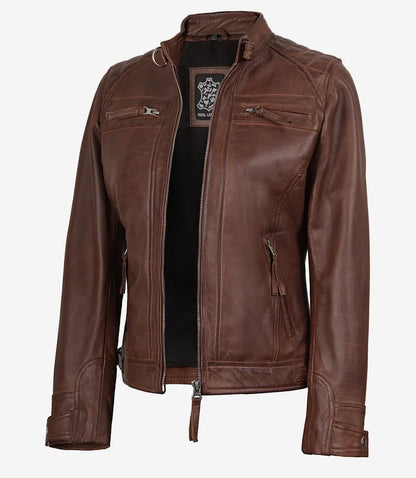 Womens Cognac Leather Biker Style Jacket - Quilted Shoulder