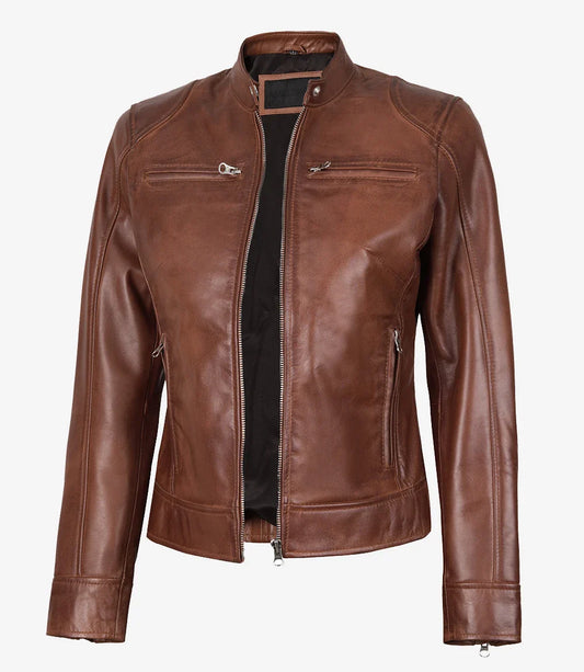 Women's Cognac Waxed Real Leather Biker Style Jacket